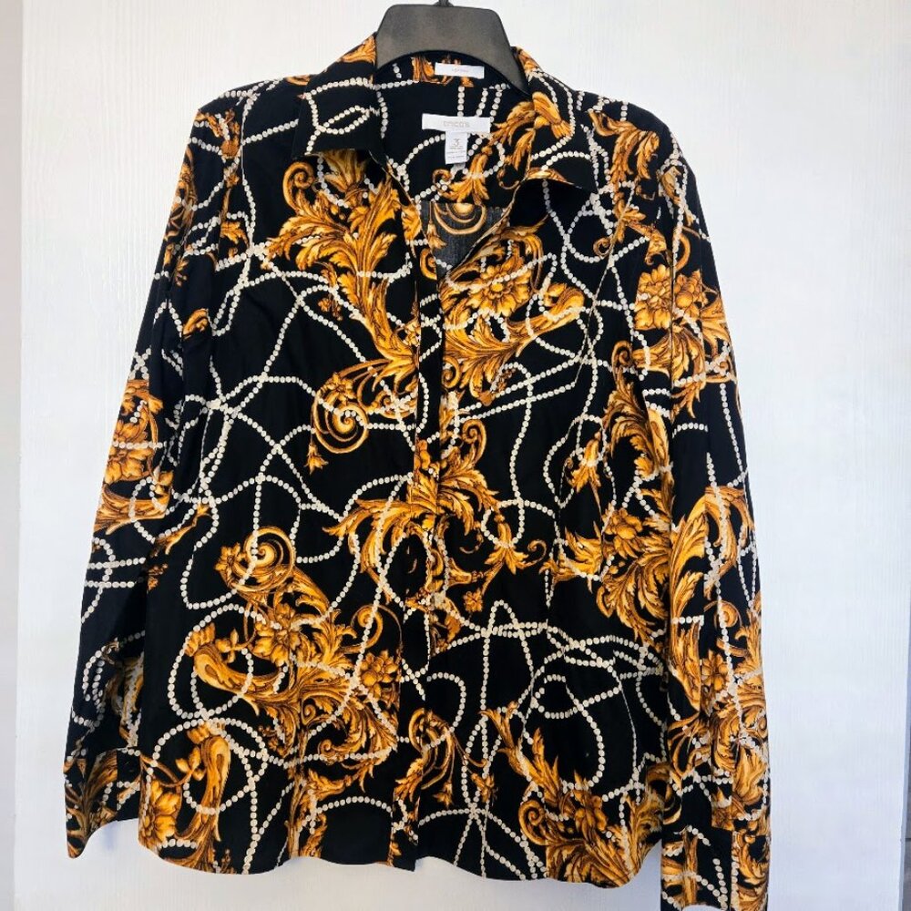 Chico's black‎ and gold paisley L/S cotton blouse NWOT Size 3/XL